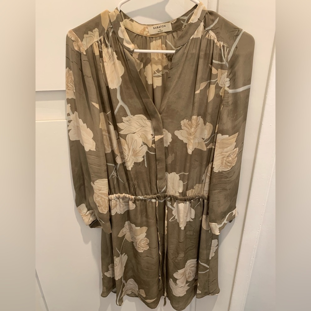 Babaton Bennett Silk Dress Sz Small Olive/Taupe and Cream Floral